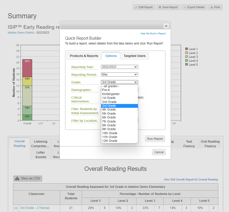 The Quick Report Builder is opened to the Options tab. The dropdown menu for Grade has been expanded.