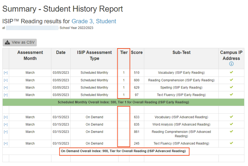 Summary Student History Report showing results of a regularly sheduled ISIP and an on-demand ISIP. 