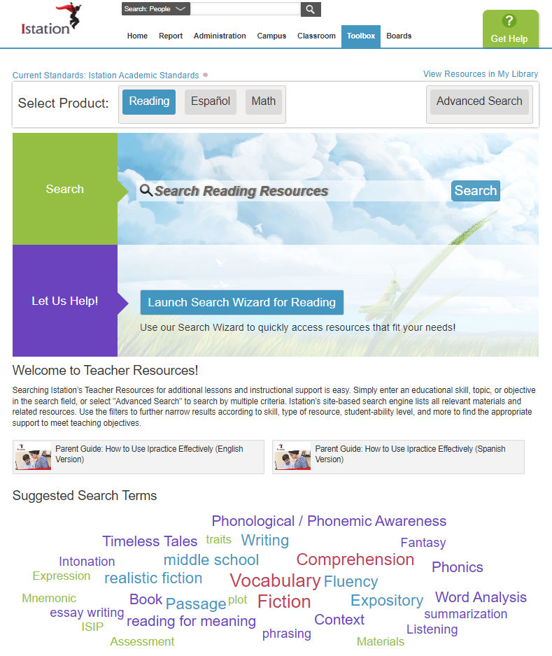 Teacher Resources landing page showing reading, lectura, math products at the top to choose from.  Word or phrase search, search wizard, and suggested terms in a word cloud are displayed.