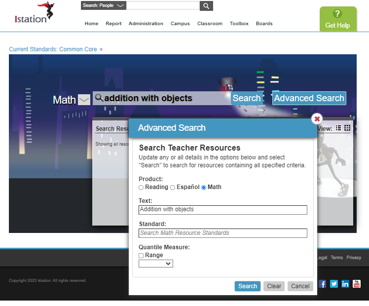 Advanced search shown with specific learning expectation entered in the search box.