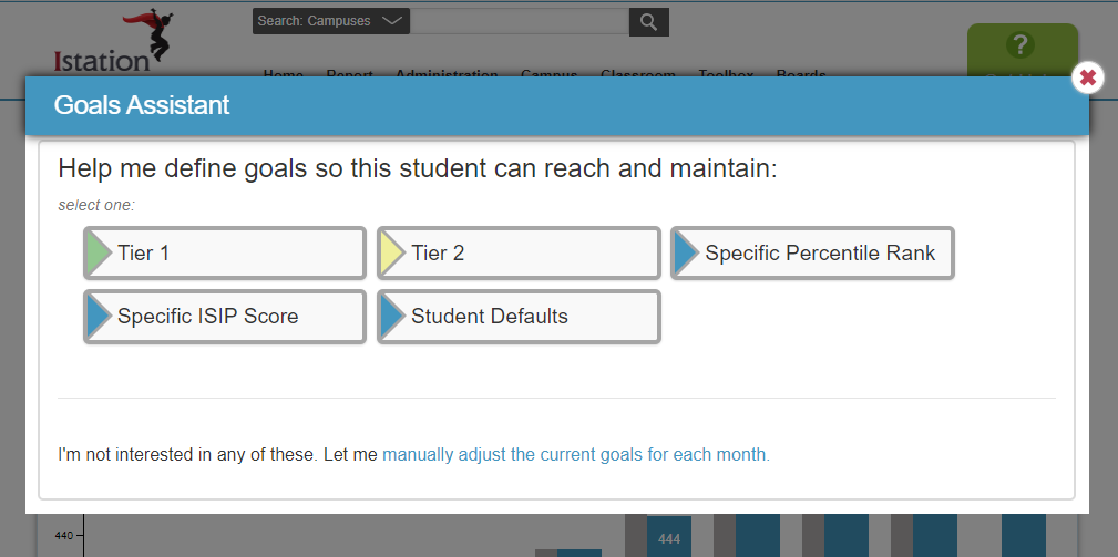 Goals assistant options are shown to set goals for student to reach and maintain.  The choices shown are Tier 1, Tier 2, Specific Percentile, Specific ISIP Score, and Student Defaults.