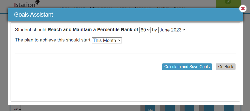 Goals assistant for specific percentile is shown with the option to select the percentile rank and the month to attain that rank. There is also the choice to start the plan in the current month or next month. There is the option to calculate and save goals or go back. 