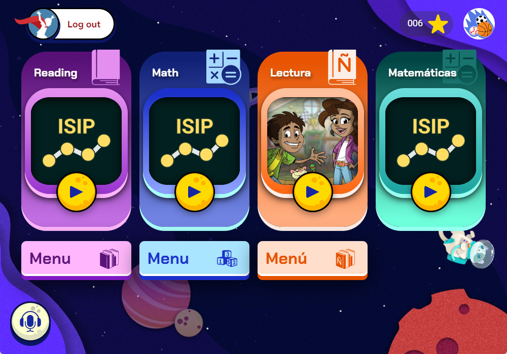 Istation student home page showing the menu button underneath the main buttons for ISIP and instruction access.