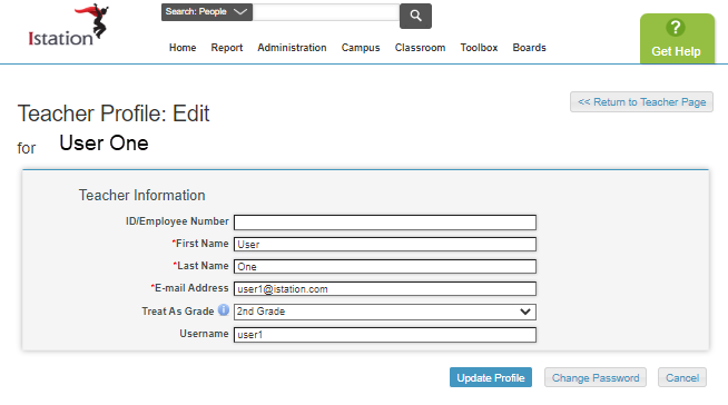 Teacher profile opened to be edited with the options to update employee id number, first and last name, email, grade level, username.  There is a button to update the profile. Another to change password.  And one to cancel.