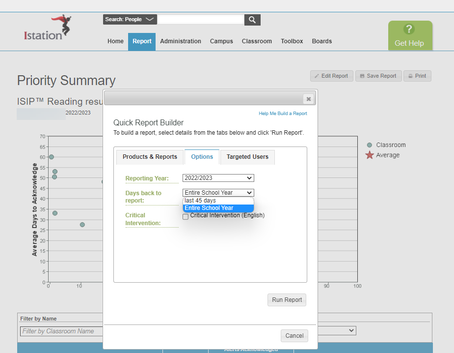 Report builder showing options to view the past 45 days or the entire school year.