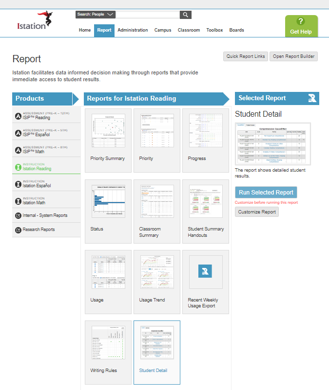 This image shows the Reports page of the Istation reporting website.