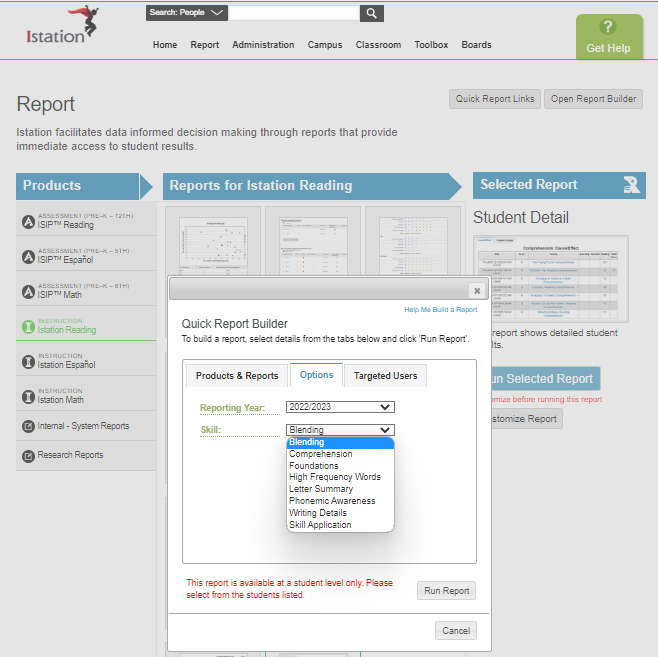 This image shows the Quick Report Builder popup within the Report page of the Istation reporting website with the Option tab selected and the Skill Blending option highlighted.