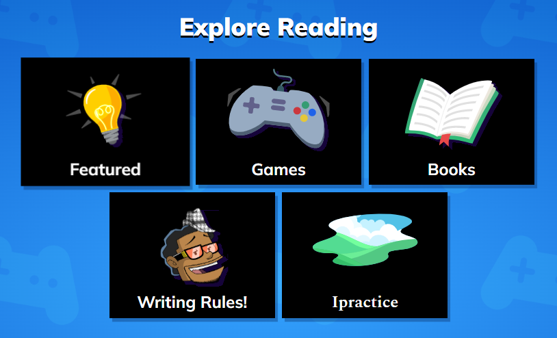 Explore menu showing the various activities a student can choose to work on from featured, games, books, writing rules, and ipractice.