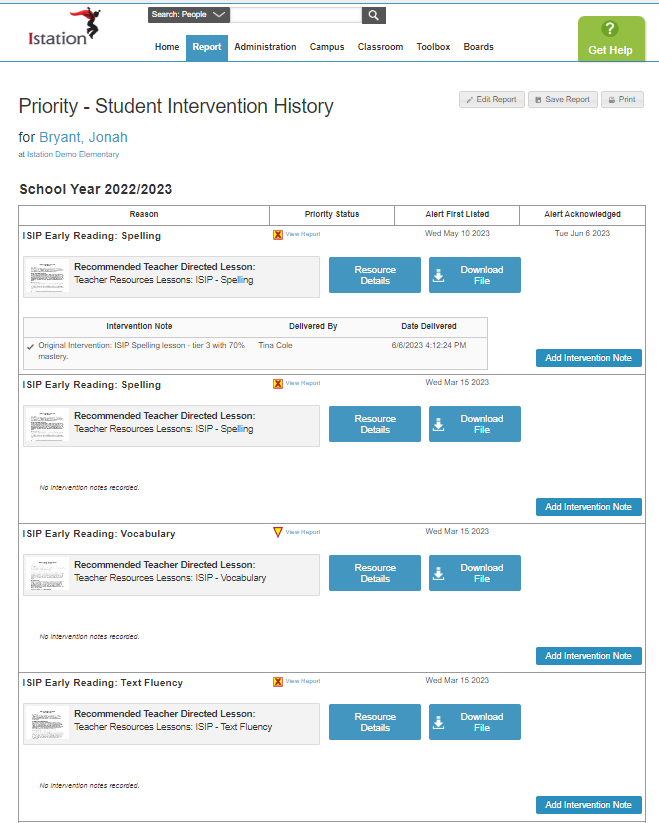 Priority student intervention history report with alerts showing for this student.  Intervention note showing lesson and student mastery of the skill. 