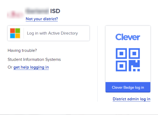 An example of a school district's Clever login page. Identifying information about the district has been blurred out.