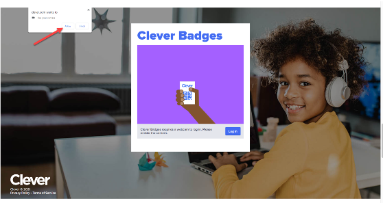 The Clever Badges Log In option has prompted the browser to ask to use your computer's camera. A red arrow points to "Allow".
