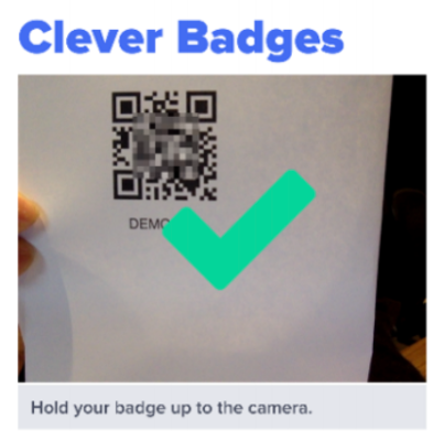 The Clever Badges log in option shows a Clever badge being held up to the computer's camera. A green checkmark covers the picture.