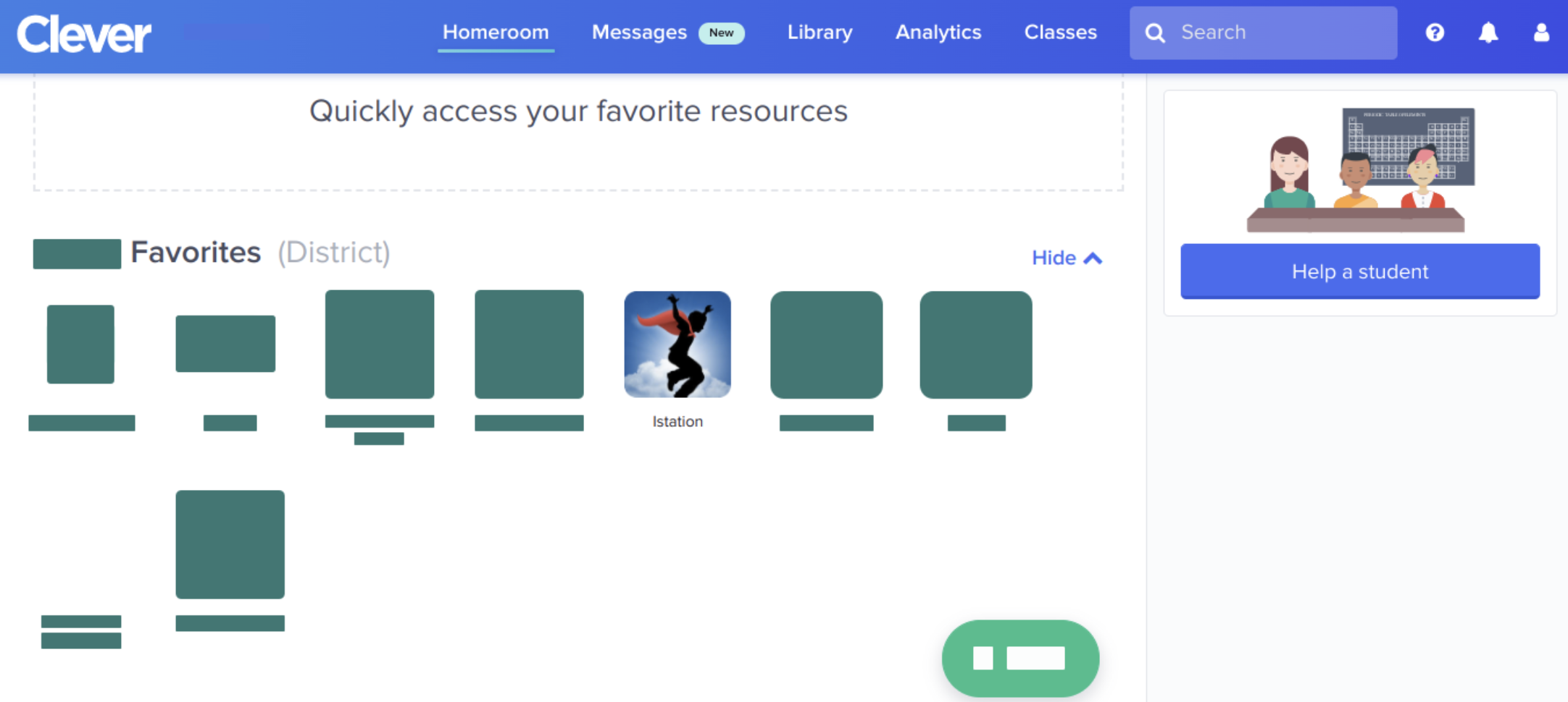 The clever dashboard is open to the homeroom tab with several options including Istation.