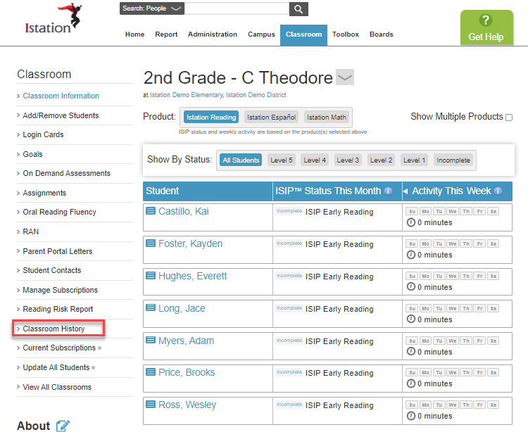 The Istation website is opened to the classroom tab with classroom history highlighted in the left column.