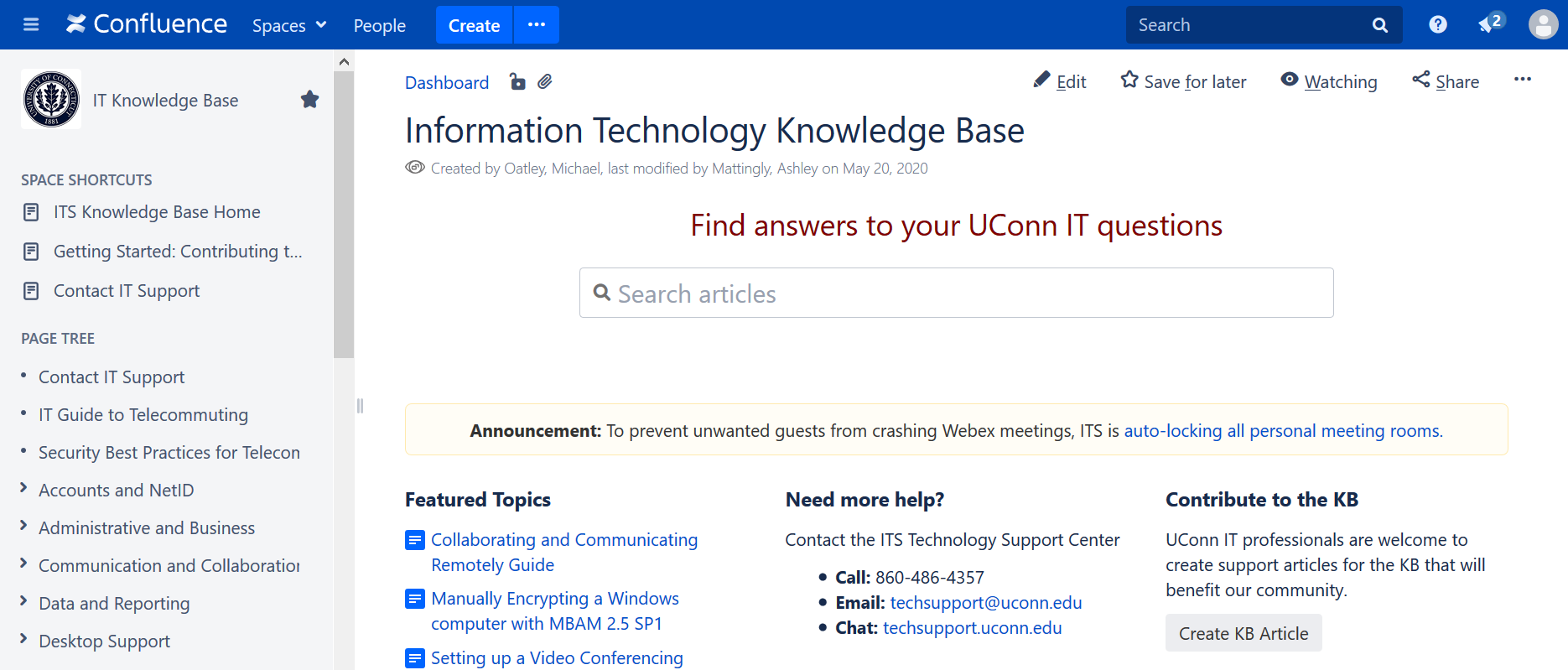 Confluence wiki platform being used as a knowledge base