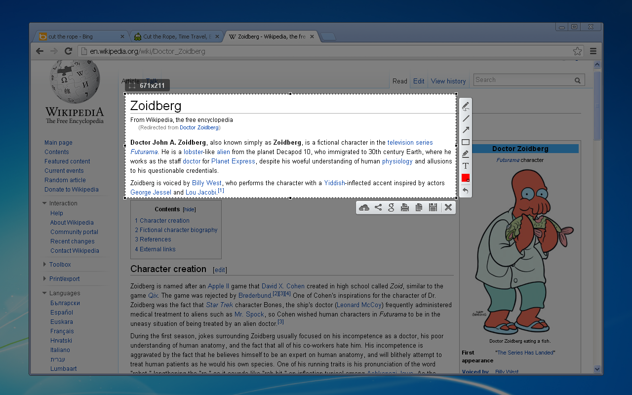 Screenshot of Lightshot being used to screencapture a portion of a Wikipedia article