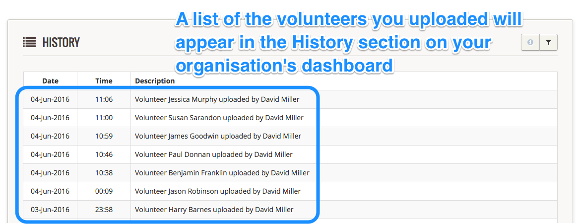 History section keeps a record of the volunteers you uploaded