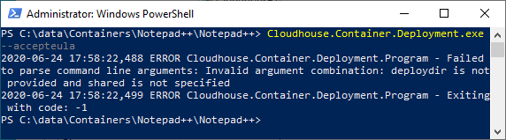 ERROR Cloudhouse.Container.Deployment.Program - Exiting with code: -1