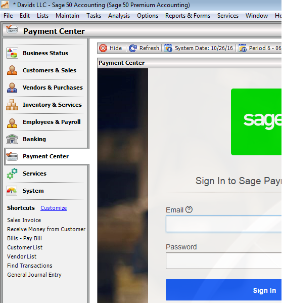 Accessing Payment Center from Sage 50 - Paya