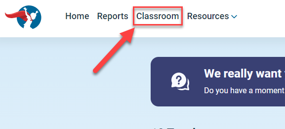 The Istation home page has been zoomed in to focus on the top menu. A red box and red arrow focuses on the Classroom option.