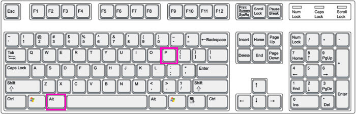 A QWERTY keyboard for a Windows device. Pink boxes highlight the Alt and P keys.