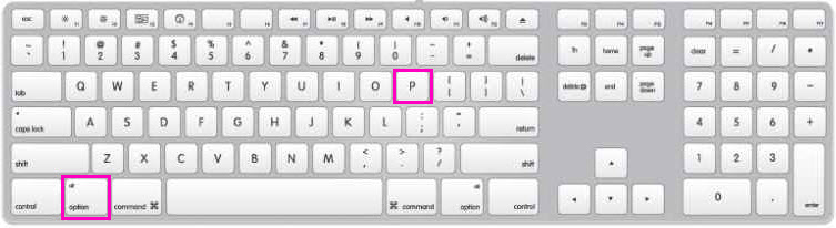 A QWERTY keyboard for an Apple device. Pink boxes highlight the Alt/Option and P keys.