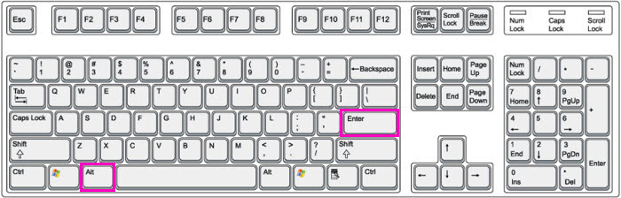 A QWERTY keyboard for a Windows device. Pink boxes highlight the Alt and Enter keys.