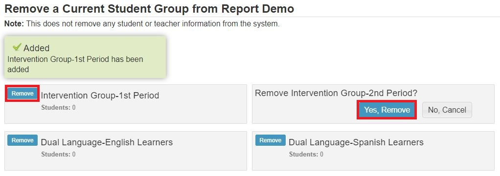 The "Remove a Current Student Group" section of the Student Groups' Add/Remove page. Red boxes are around the "Remove" and "Yes, Remove" buttons.