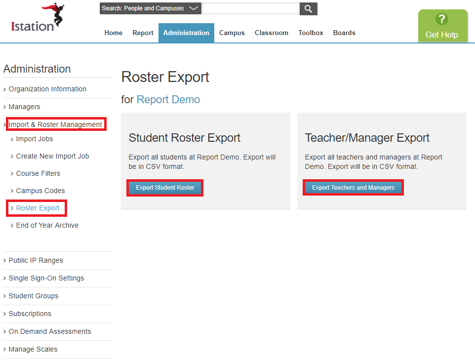 Image highlights the available options in the Roster Export page.