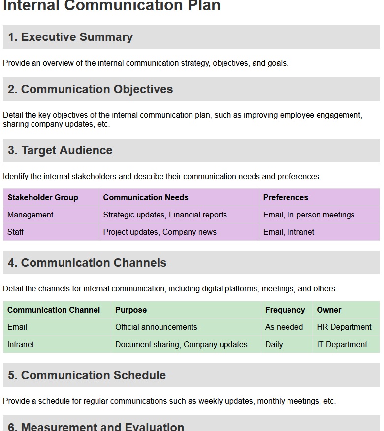 Internal communication plan template to help employees stay informed about company news