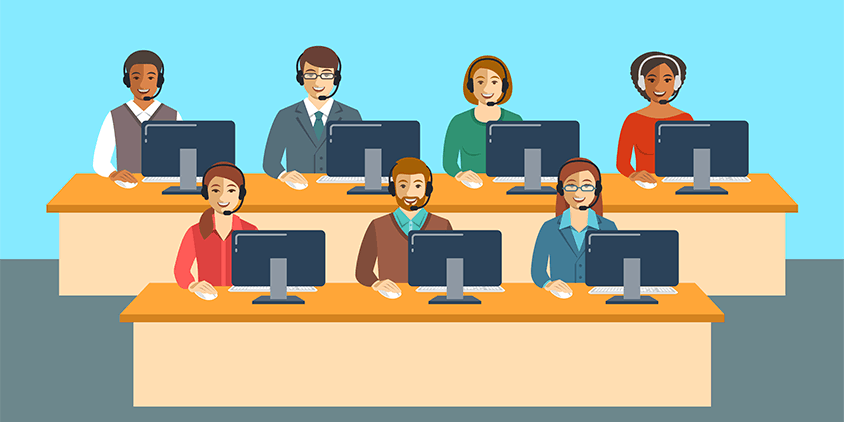 Illustration of customer service reps working at a call center