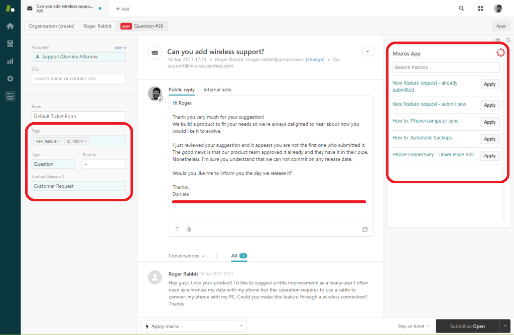 Screenshot of Zendesk's ticketing software - includes ticketing creation, search, comments