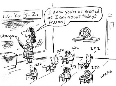 Cartoon showing a teacher lecturing students - training needs to be engaging for employees to learn
