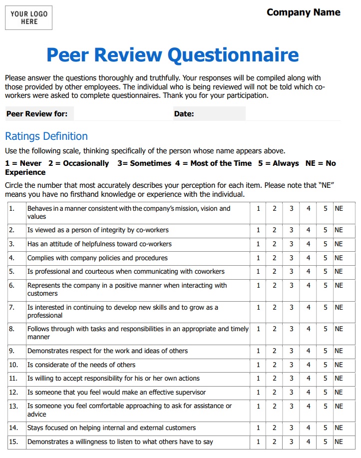 Peer Review Questionnaire Assessment Form Template