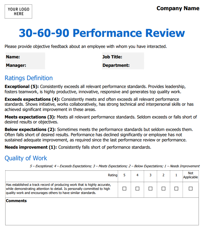 30-60-90 Performance Review Free Template