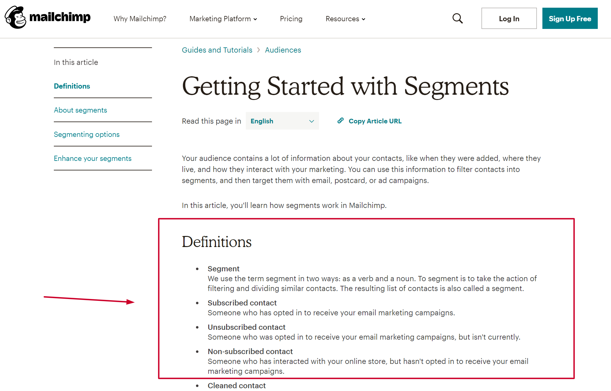 Example of knowledge base article from Mailchimp