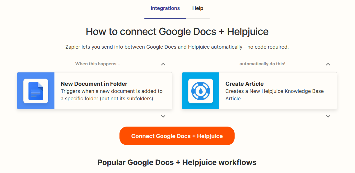 Zapier workflow to synchronize Google Docs with Helpjuice