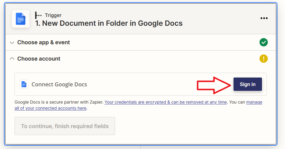 Google Docs trigger set up through Zapier