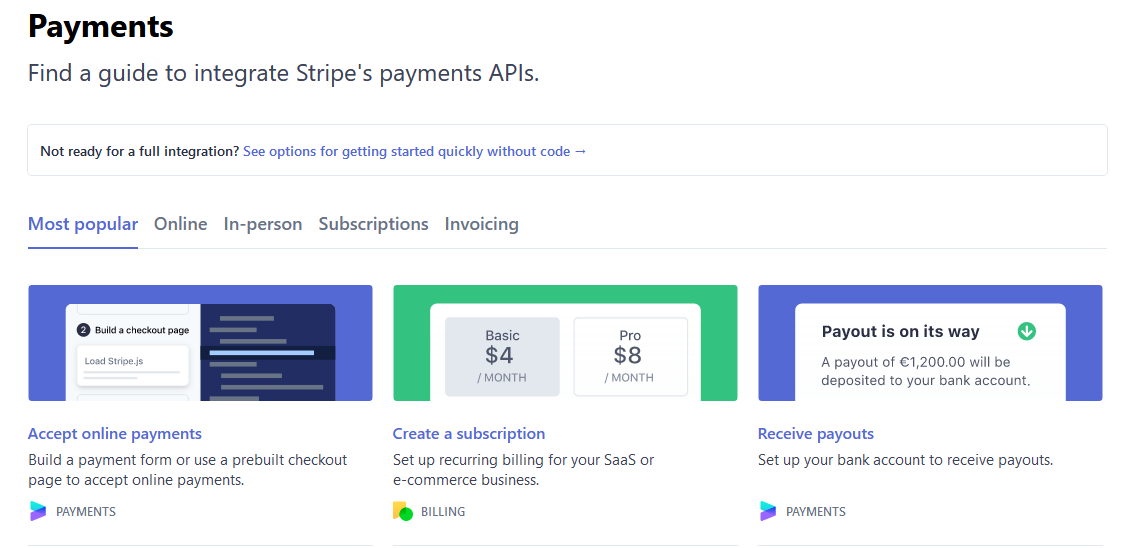 Example of technical documentation from Stripe on using their API for software development