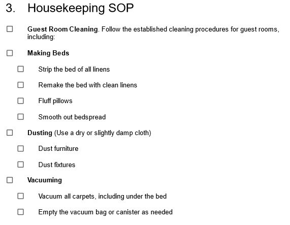 Example of a hospitality checklist SOP for housekeeping 