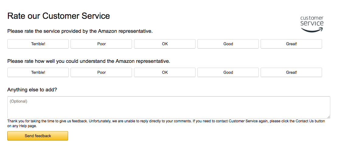 Amazon feedback form that allows users to rate their customer service experience