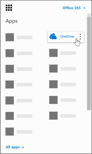The Office 365 app launcher with the OneDrive app highlighted