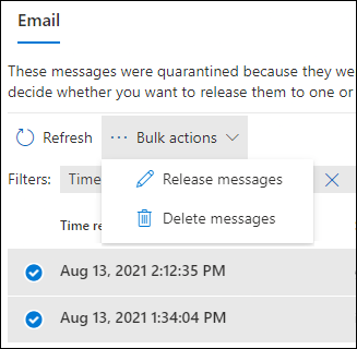 Bulk actions drop down list for messages in quarantine.