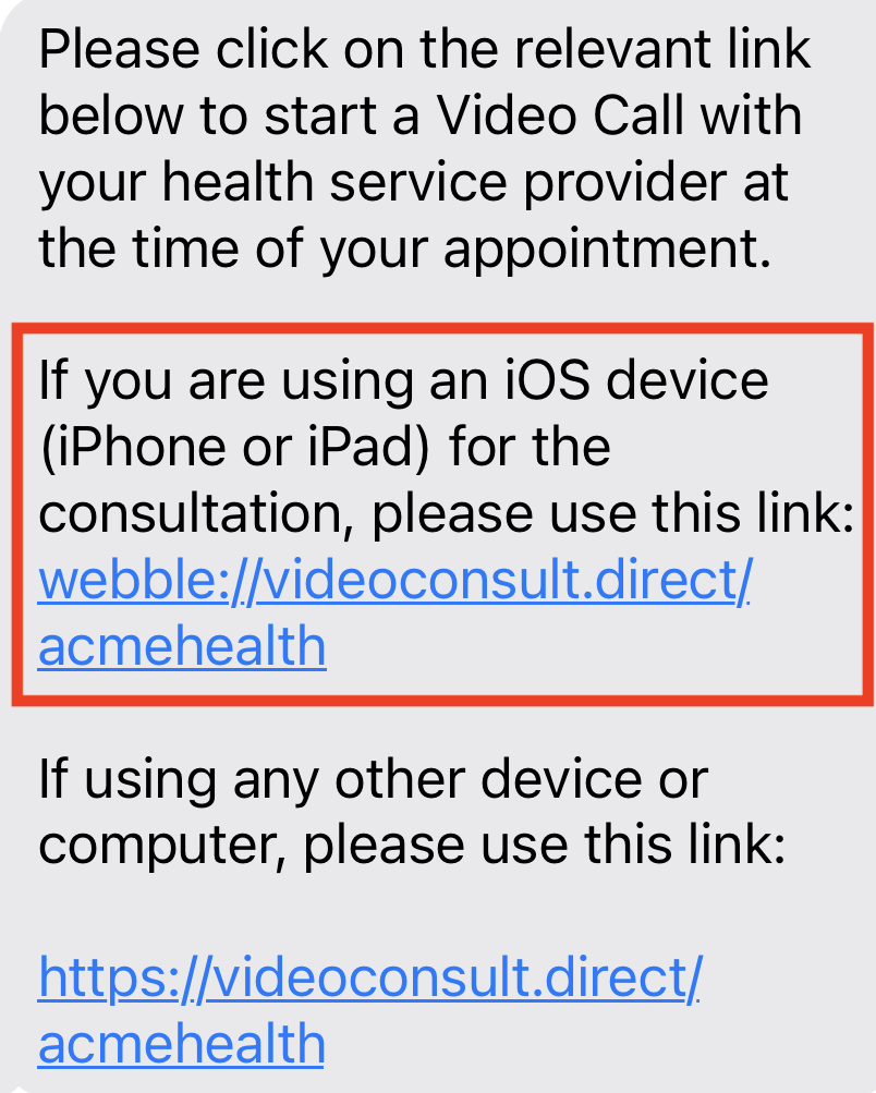 Received SMS with instructions for using the WebBLE clinic link for Video Call