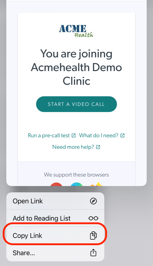 Video call copy clinic link