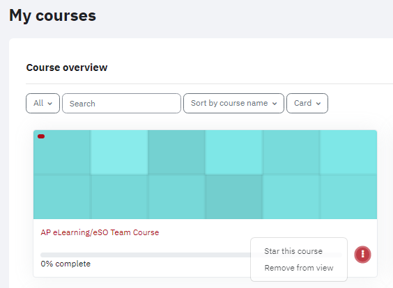 Screenshot of Course overview section on My courses page with option to Star or Hide course