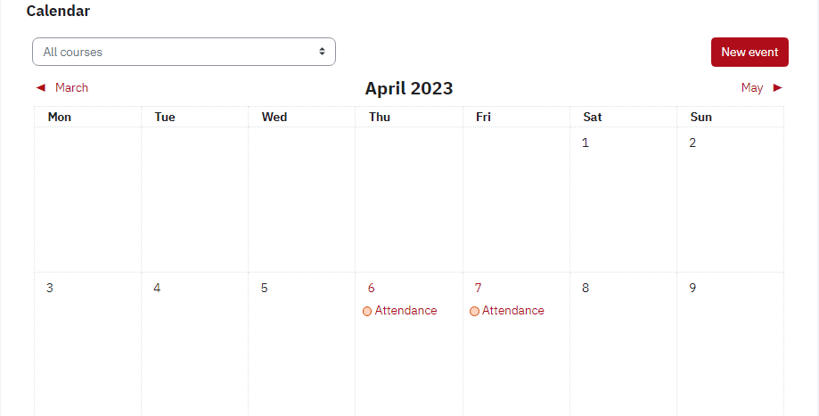 Screenshot of Calendar section on new eClass dashboard