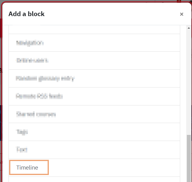 Screenshot of Add a block menu, with Timeline block option highlighted