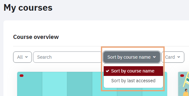 Screenshot highlighting course sort menu by name or last accessed
