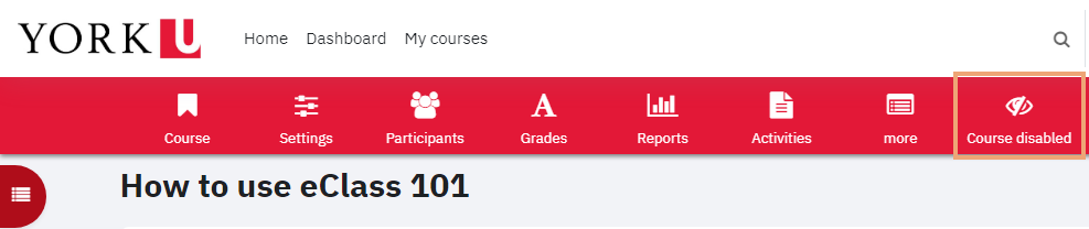 Screenshot of main menu on eClass course with course visibility icon highlighted showing course closed